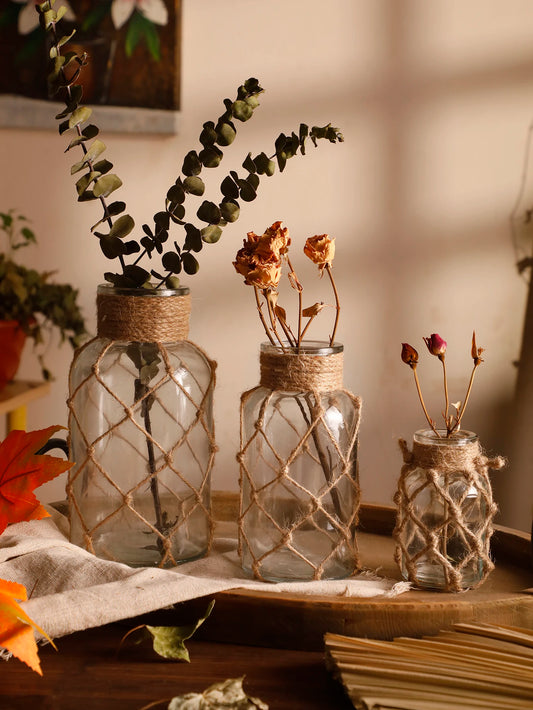 Rustic Hanging Glass Vase with Art Hemp Rope ，Rope Net Dry Flower Glass Vase，Home Transparent Living Room Decor，Table Decoration