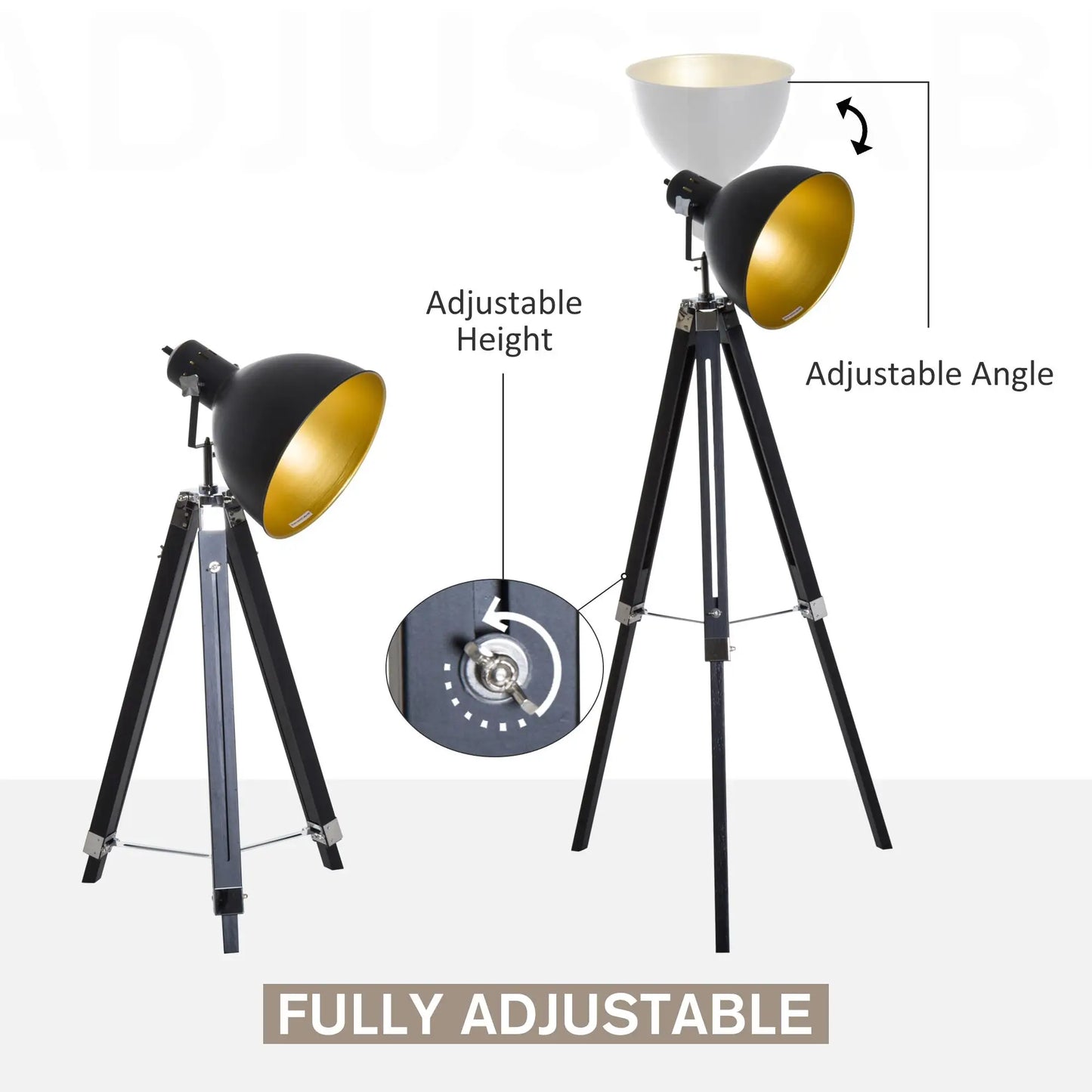 Adjustable Height Spotlight Tripod Floor Lamp Black Gold Wood Legs for living Room Bedroom Office Reading Lighting