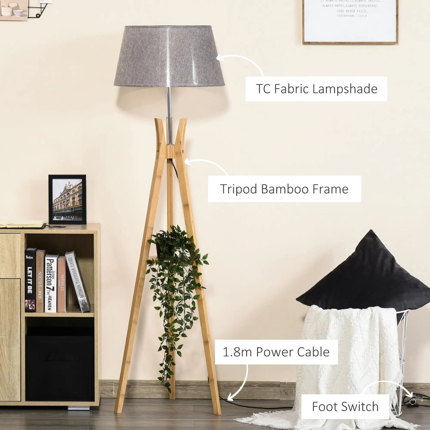Natural Wood Tripod Floor Lamp with E27 Base Fabric Shade for Bedroom Living Room Storage Shelf Foot Switch 156cm Grey