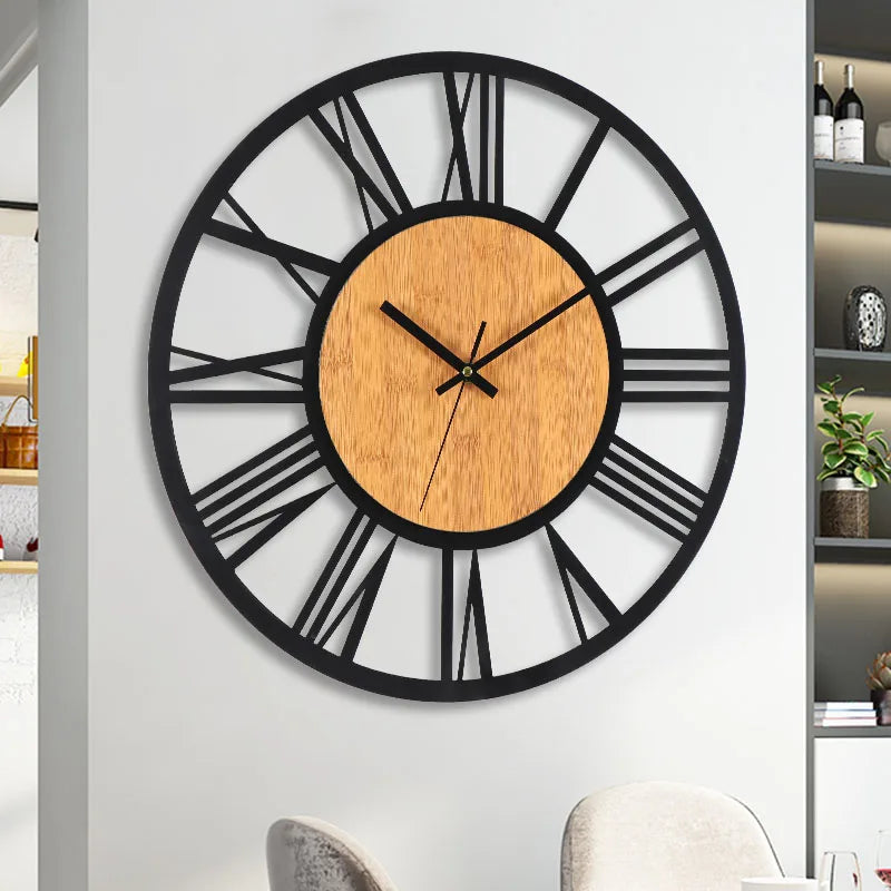 3D Large Wall Clocks Nordic Roman Numerals Retro Round Wood Metal Iron Accurate Silent Hanging Ornament Living Room Decoration