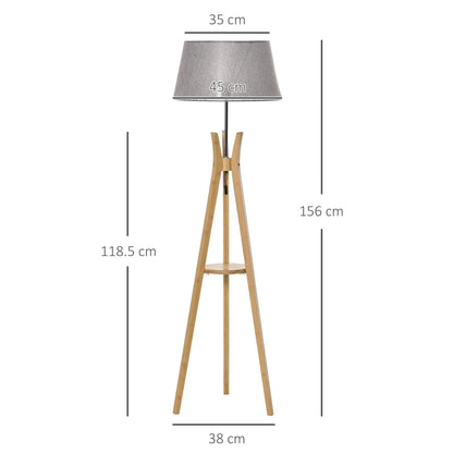Natural Wood Tripod Floor Lamp with E27 Base Fabric Shade for Bedroom Living Room Storage Shelf Foot Switch 156cm Grey