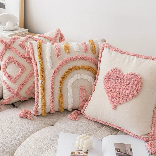 Pink Cotton Tufted Pillow Cover With Tassels Ins Sweet Decorative Pillowcase For Sofa Chic Boho Style Funda Cojin Cushion Cover