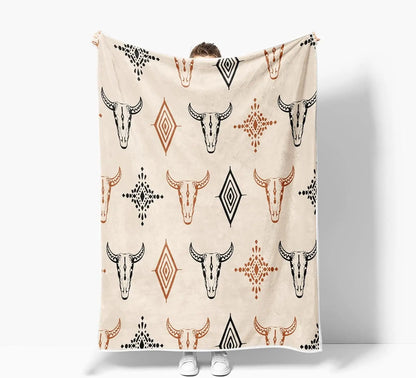 Western Boho Throw Blanket, Native Aztec Tribal Bull Skull Southwestern Cow Bohemian Geometric Pattern Beige Flannel Blanket for