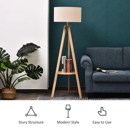 Elegant Tripod Floor Lamp with Linen Shade and Storage Shelf for living Room and Bedroom 154cm Cream Reading Light