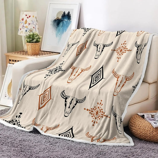 Western Boho Throw Blanket, Native Aztec Tribal Bull Skull Southwestern Cow Bohemian Geometric Pattern Beige Flannel Blanket for