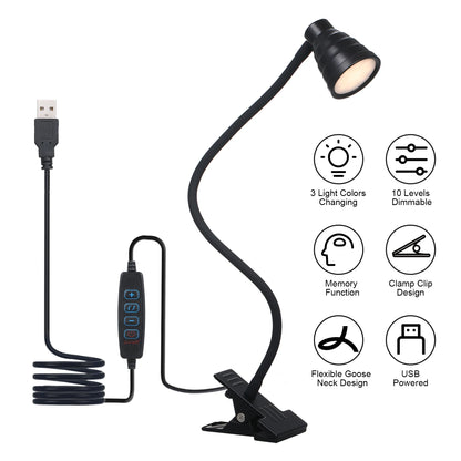5W 24LEDs Table Desk Lamp Reading Beside Light Clamp CLip Lighting Fixture USB Powered Operated 3 Colors Mode 10 Levels Dimmer