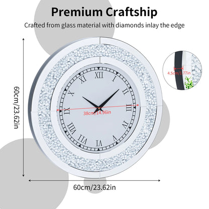 60/80CM Bling Silver Round Mirror Clock Glam Sparkle Twinkle Shining Mirrored Wall Clock for Home Decor