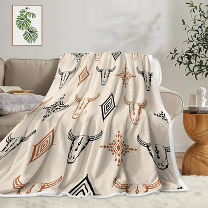 Western Boho Throw Blanket, Native Aztec Tribal Bull Skull Southwestern Cow Bohemian Geometric Pattern Beige Flannel Blanket for