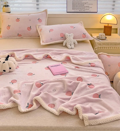 Pink Coral Fleece Double Sided Blanket Warm Nap Throw for Cozy Portable Shawl for Home Office or Travel ﻿