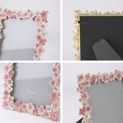 Pink Floral 4x6 inch Photo Frame – Elegant Alloy with Rhinestones, Romantic Gift for Wedding, Home Decor